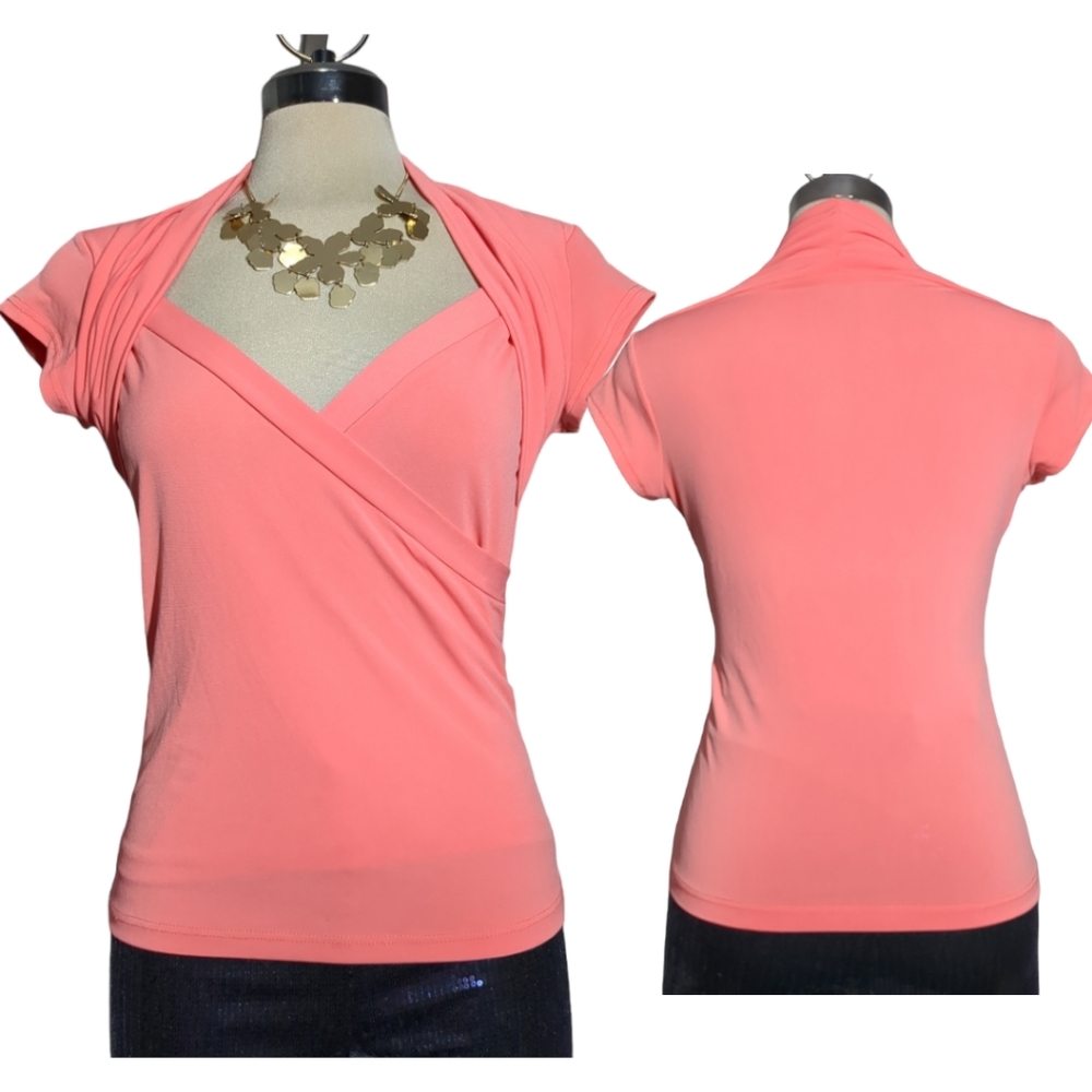 Womens Coral Pink Wrap-Front Short Sleeve Top